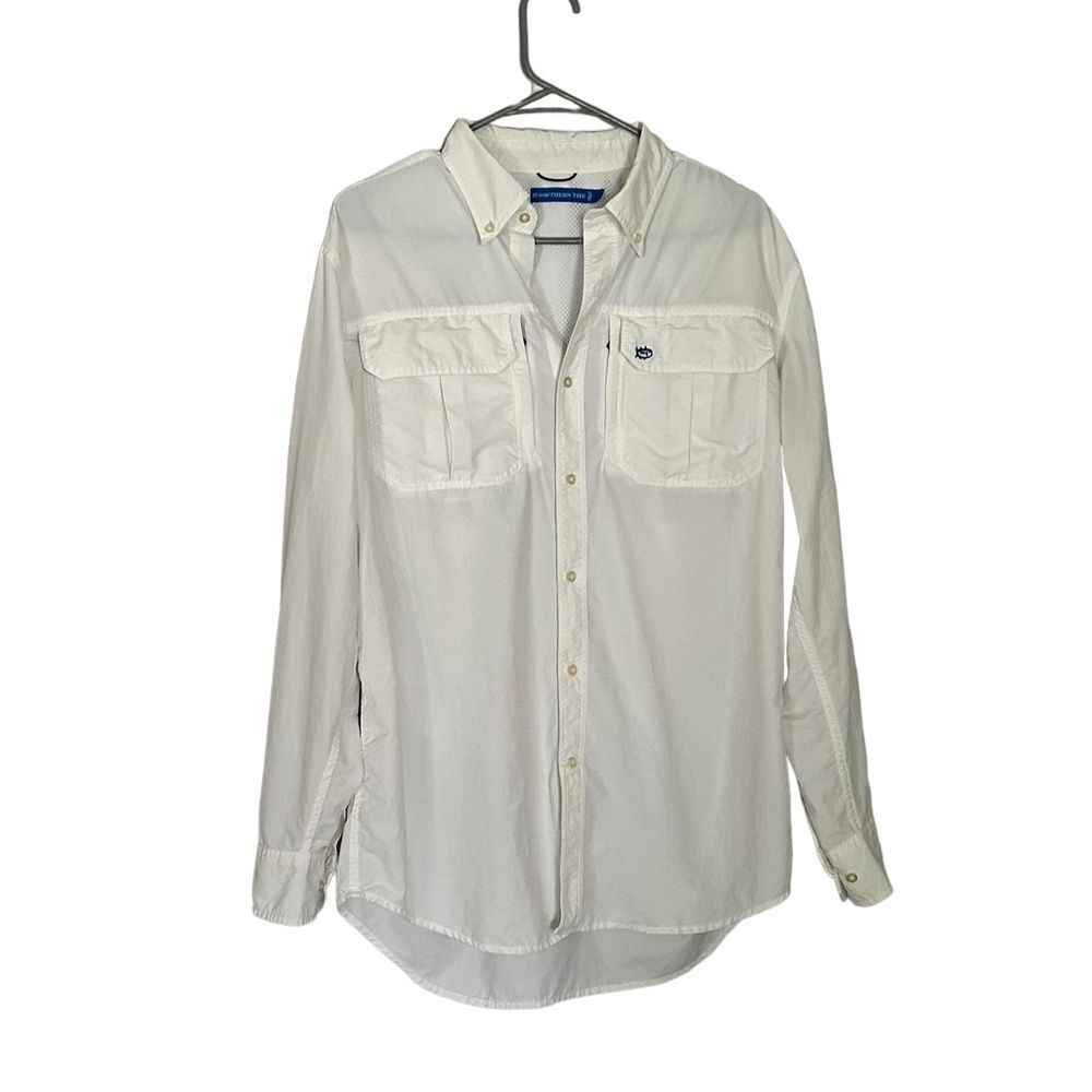 Southern Tide Mens Classic Fit Long Sleeve Button Up Fish Logo Shirt Sz L White